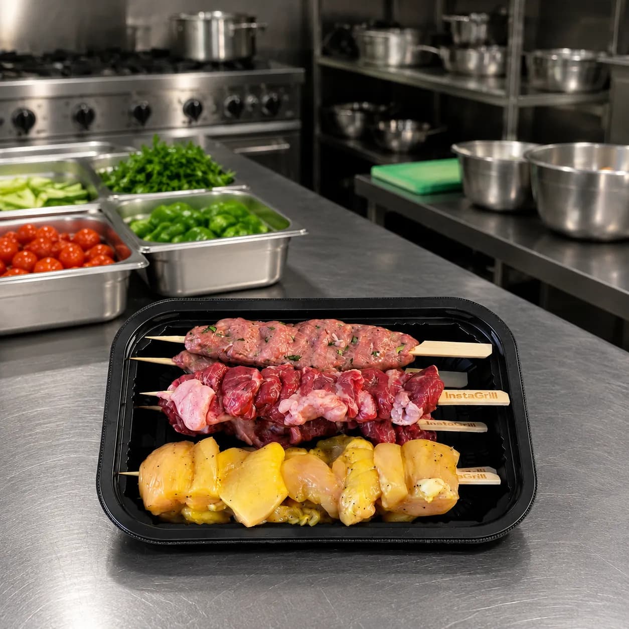Open Instant Grill box with chicken tikka, beef seekh and mutton seekh on the grill