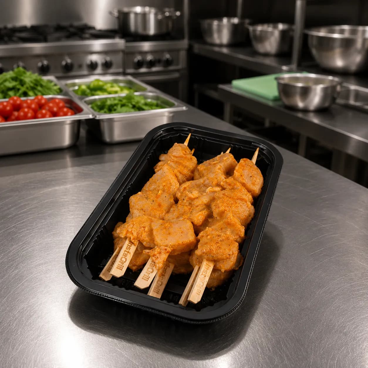 Marinated chicken tikka skewers in their tray