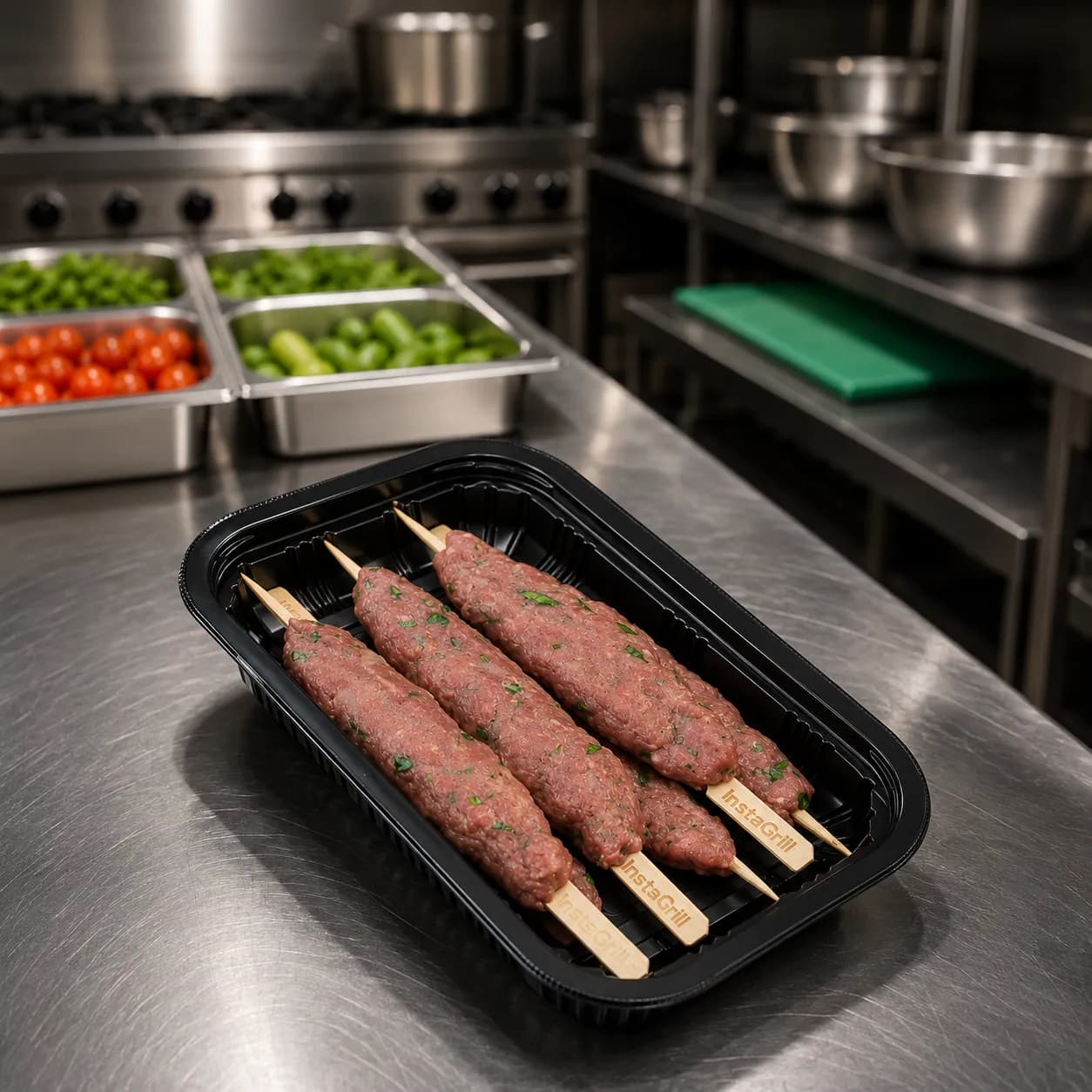 Open Instant Grill box with beef seekh kababs on the grill