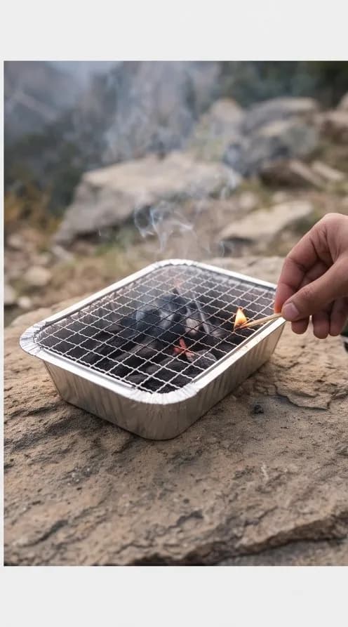 Lighting the coal in the box's disposable grill