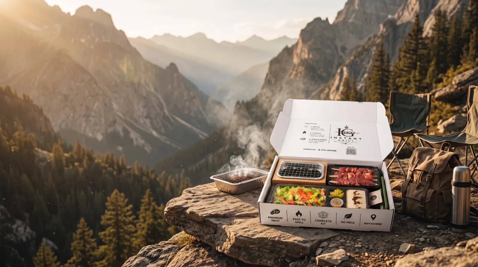 Open Instant Grill box on a rock ledge in the mountains, grill smoking